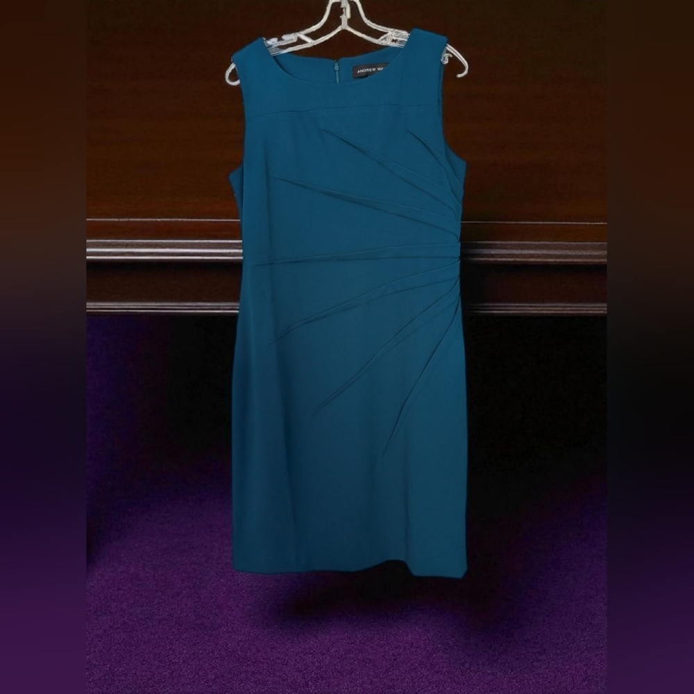 Andrew Marc Sleeveless Ruched Sheath DressColor: Cypress, Size: 14 (EUC) - Picture 11 of 16